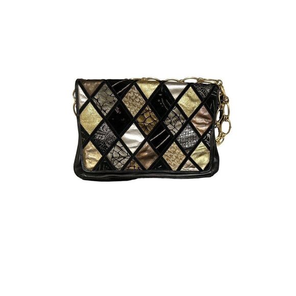 I. Magnum Vintage Leather Bag Suede Patch Work Italy Black Gold Silver Bronze - Picture 3 of 8